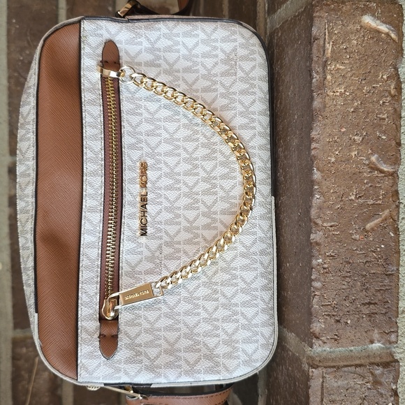 Michael‎ Kors Jet Set Large Logo Crossbody Bag White Brown - Picture 1 of 9